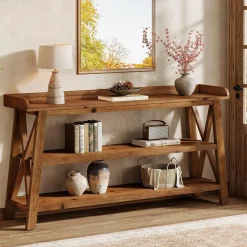 63” Solid Wood Console Table with 3-Tier Shelves, Farmhouse Sofa Table