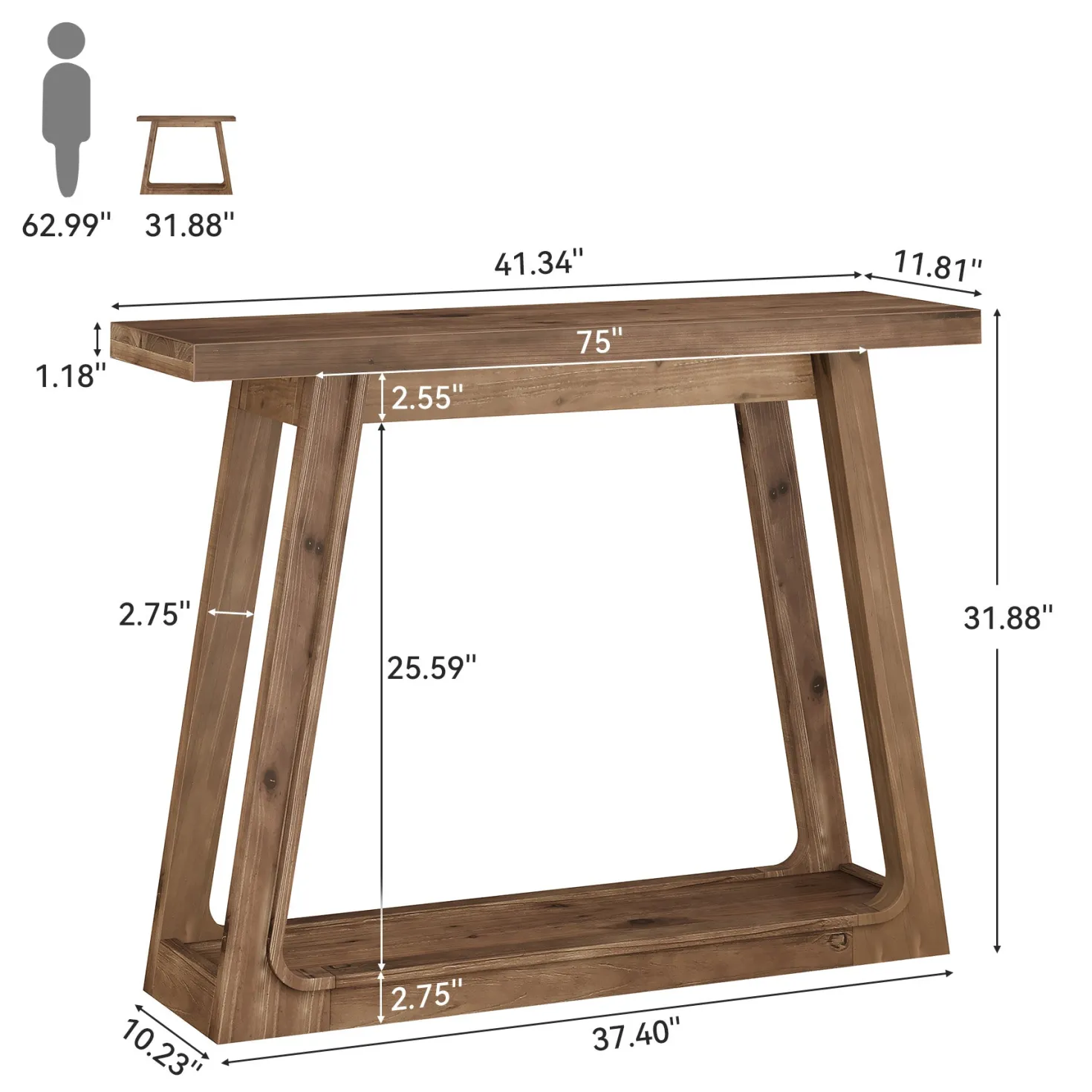 41" Solid Wood Console Table, 2-Tier Entryway Sofa Table for Living Room, Hallway