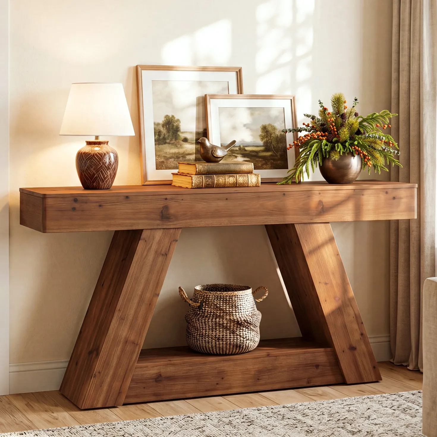63” Solid Wood Console Table, Farmhouse Sofa Table Behind Couch with 2-Tier Storage for Hallway
