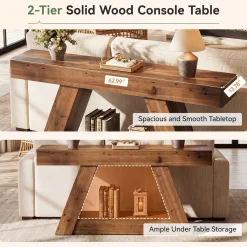 63” Solid Wood Console Table, Farmhouse Sofa Table Behind Couch with 2-Tier Storage for Hallway