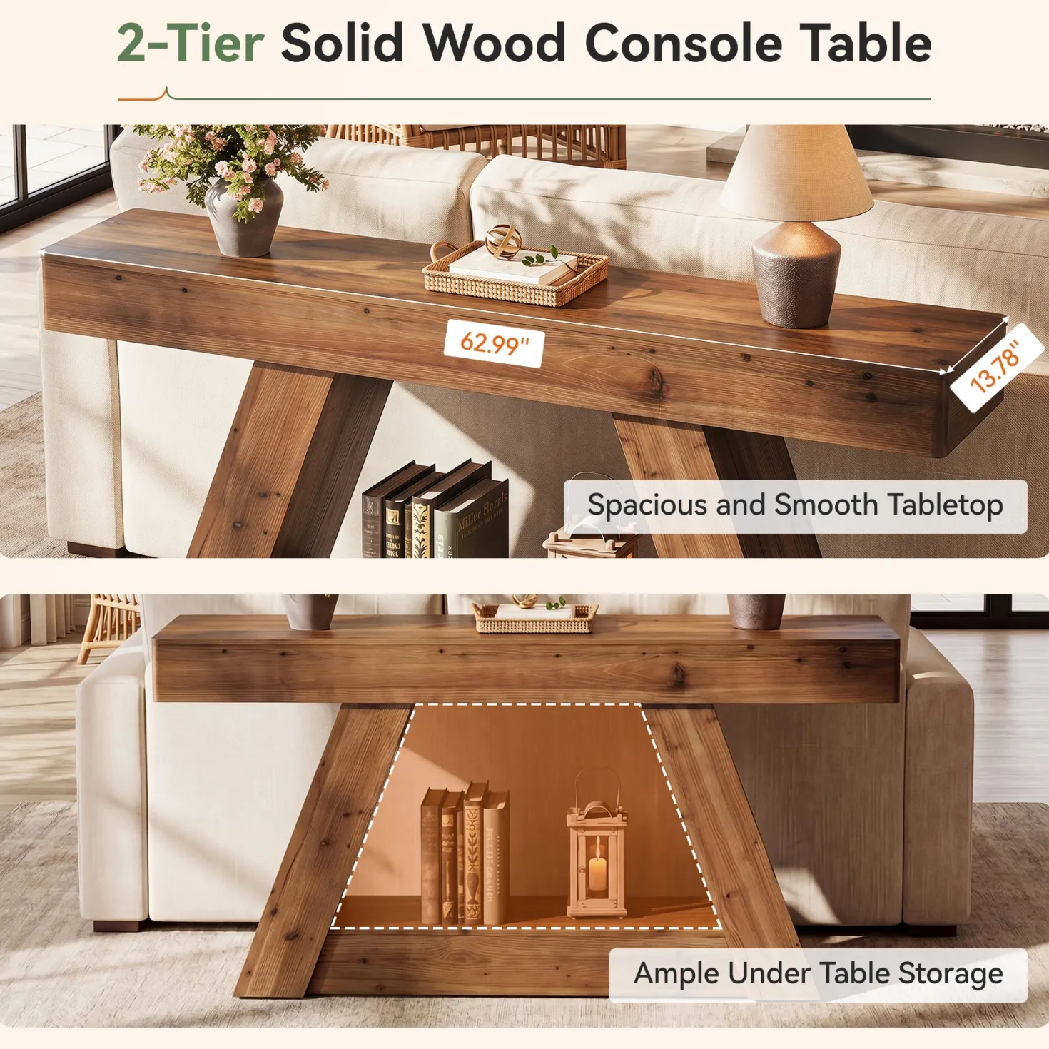 63” Solid Wood Console Table, Farmhouse Sofa Table Behind Couch with 2-Tier Storage for Hallway