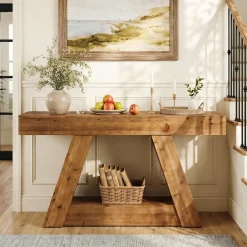 63” Solid Wood Console Table, Farmhouse Sofa Table Behind Couch with 2-Tier Storage for Hallway