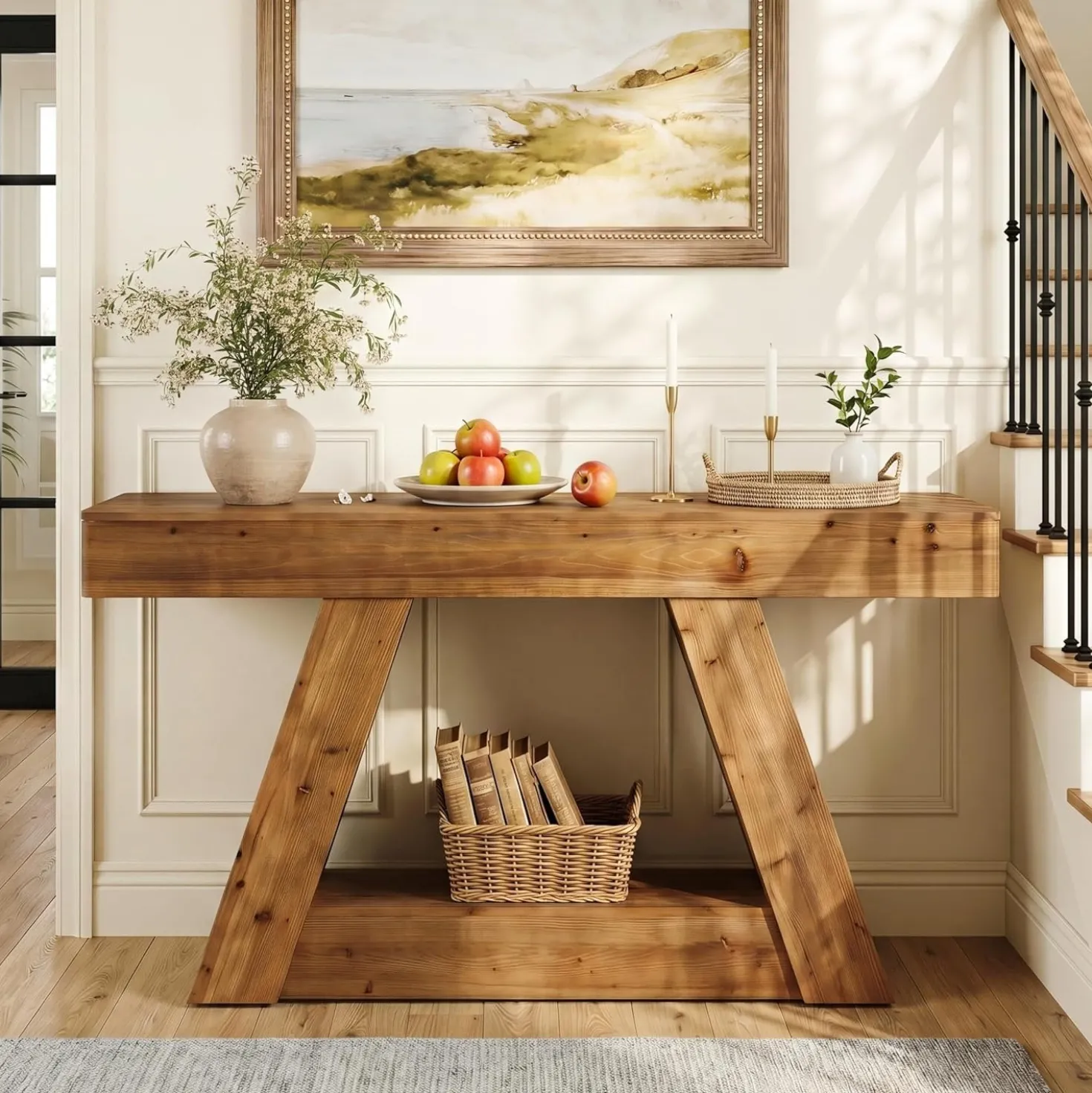 63” Solid Wood Console Table, Farmhouse Sofa Table Behind Couch with 2-Tier Storage for Hallway