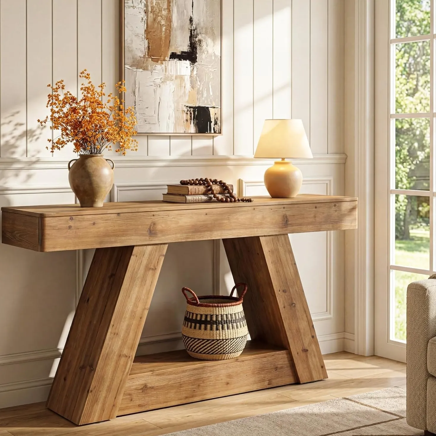 63” Solid Wood Console Table, Farmhouse Sofa Table Behind Couch with 2-Tier Storage for Hallway