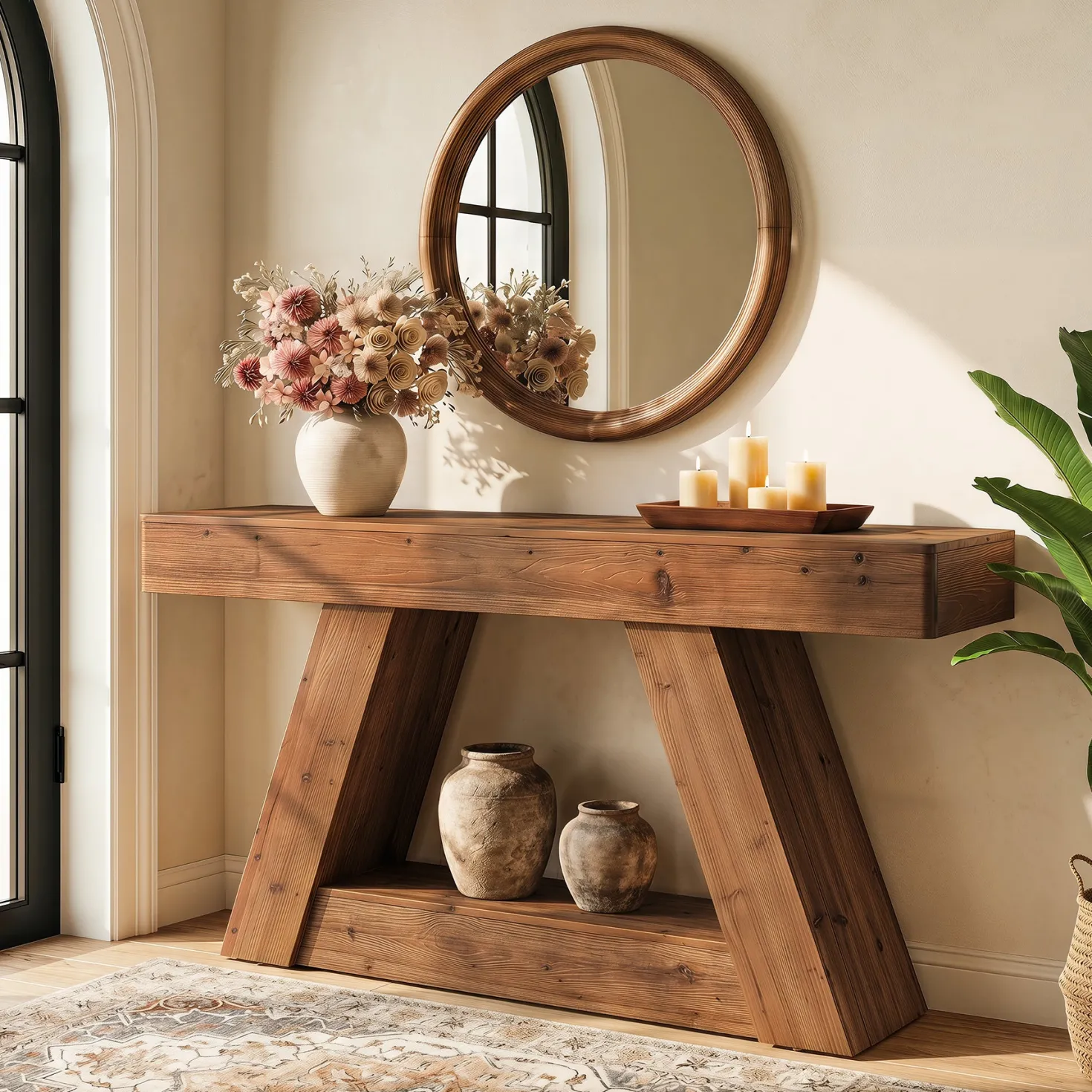 63” Solid Wood Console Table, Farmhouse Sofa Table Behind Couch with 2-Tier Storage for Hallway