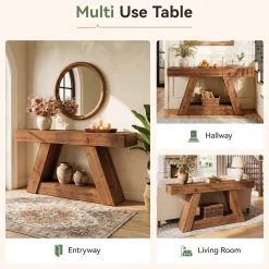 63” Solid Wood Console Table, Farmhouse Sofa Table Behind Couch with 2-Tier Storage for Hallway