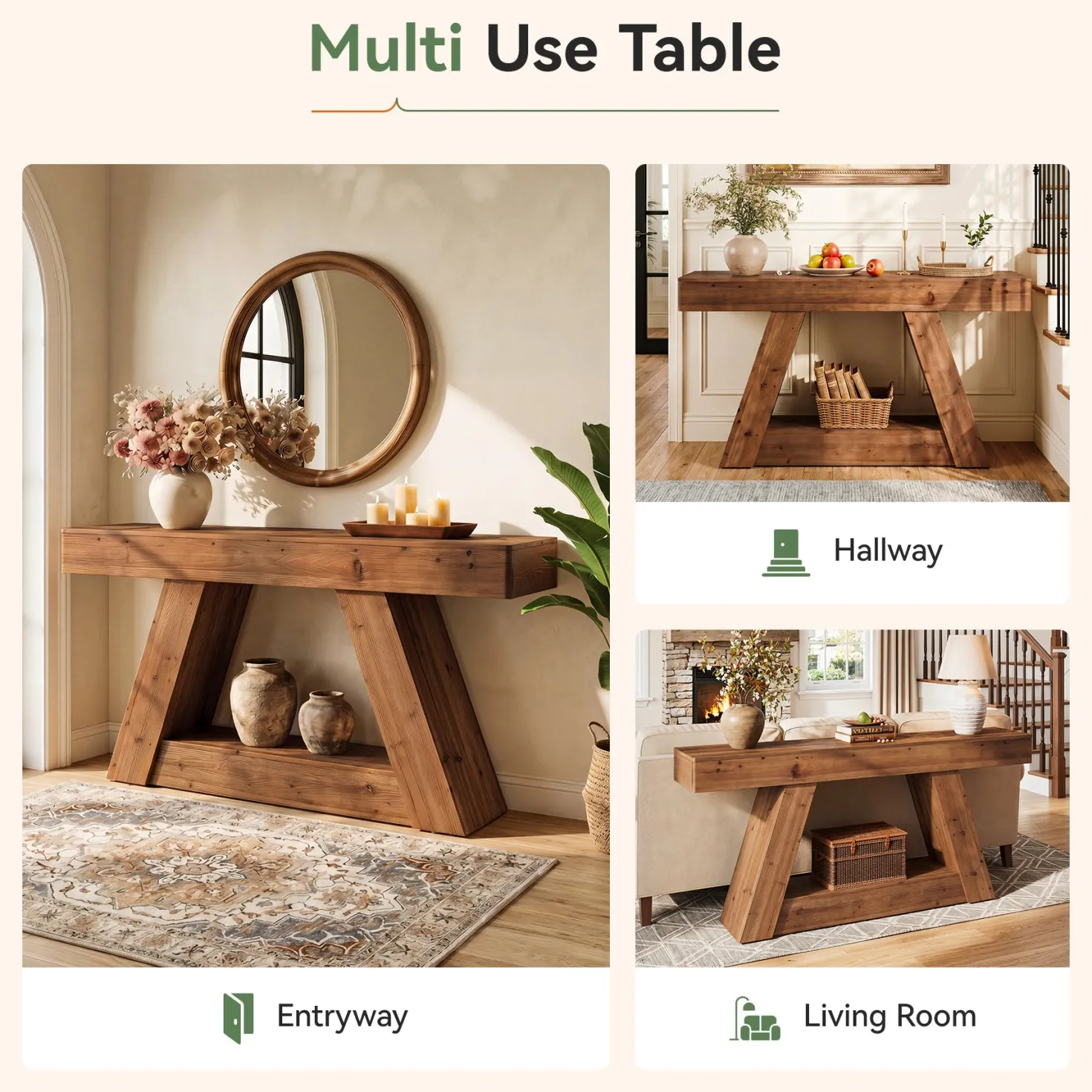 63” Solid Wood Console Table, Farmhouse Sofa Table Behind Couch with 2-Tier Storage for Hallway