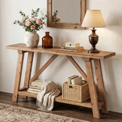 62.9" Solid Wood Console Table, Narrow Sofa Table with Storage Shelf for Entryway
