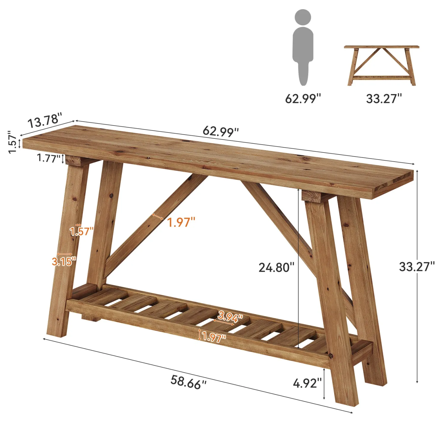 62.9" Solid Wood Console Table, Narrow Sofa Table with Storage Shelf for Entryway