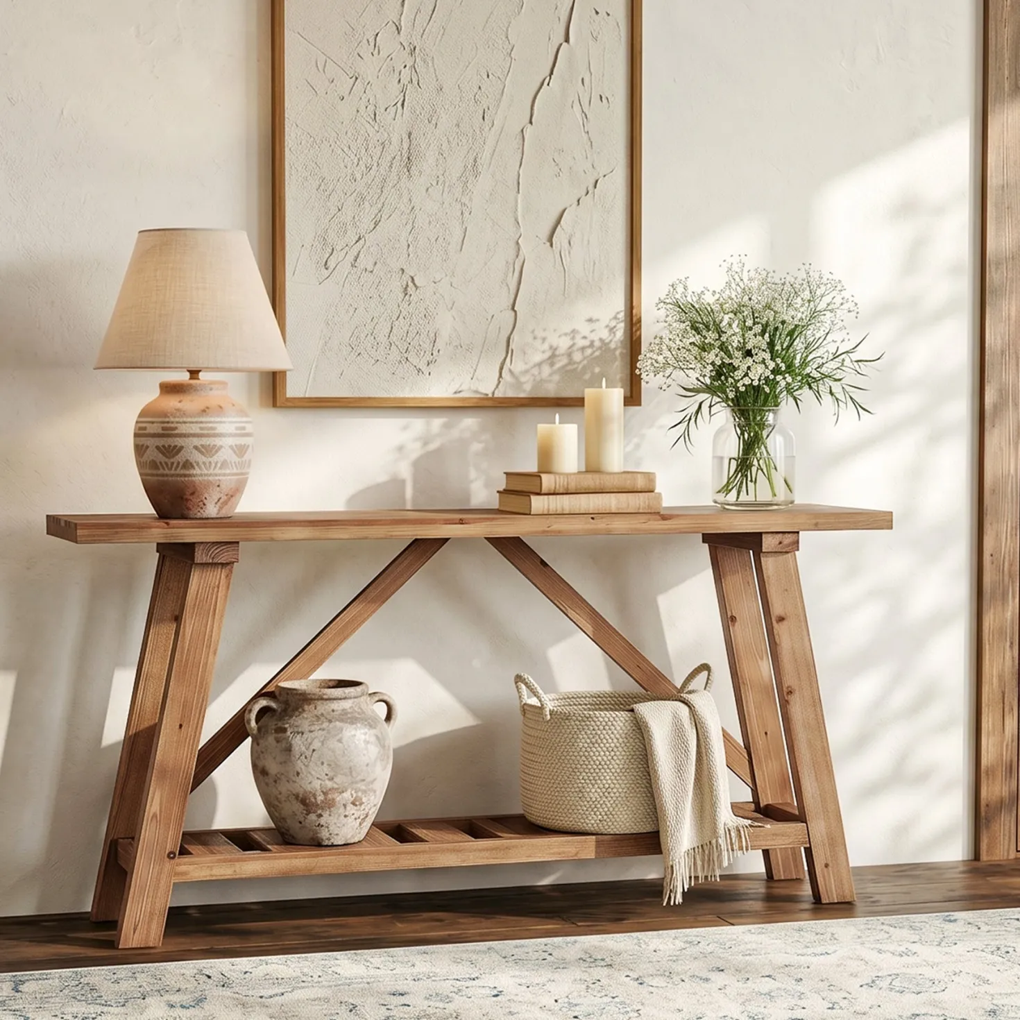 62.9" Solid Wood Console Table, Narrow Sofa Table with Storage Shelf for Entryway