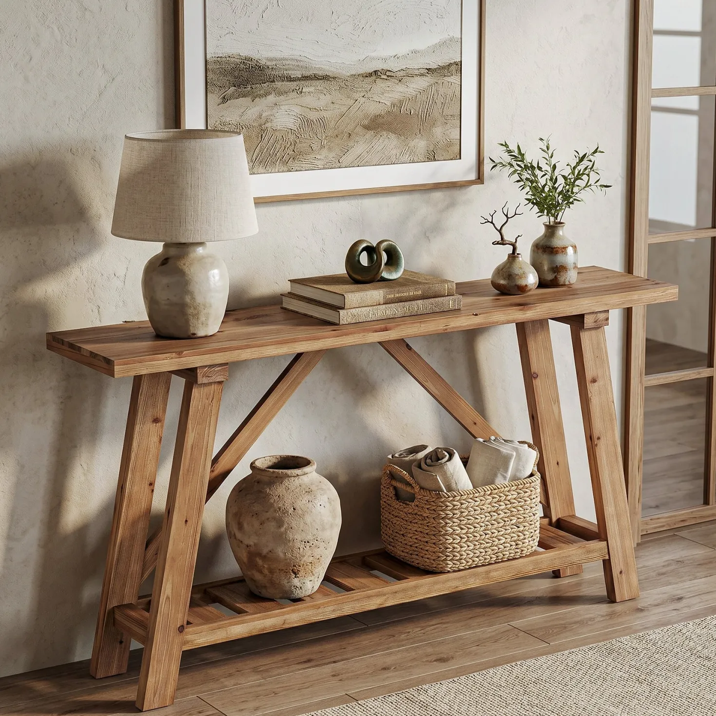 62.9" Solid Wood Console Table, Narrow Sofa Table with Storage Shelf for Entryway