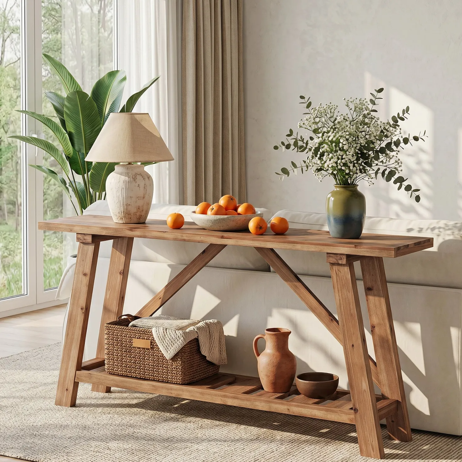 62.9" Solid Wood Console Table, Narrow Sofa Table with Storage Shelf for Entryway