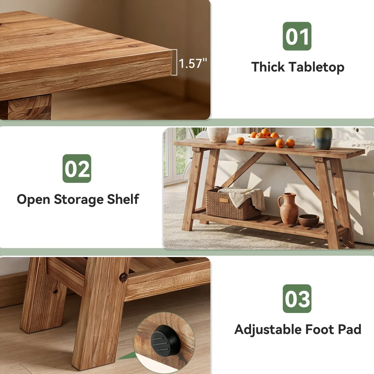 62.9" Solid Wood Console Table, Narrow Sofa Table with Storage Shelf for Entryway