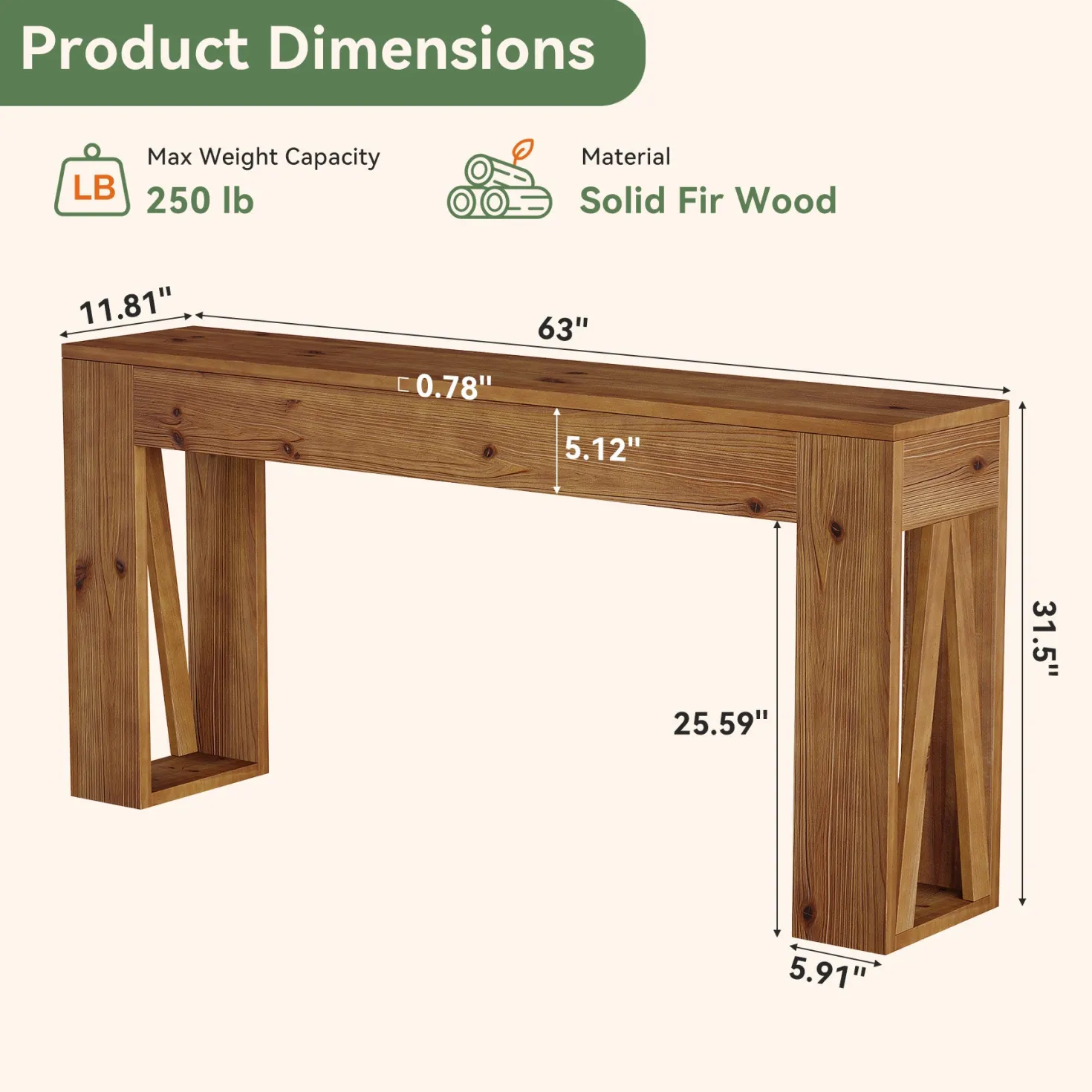 63" Solid Wood Console Table, Narrow Rectangle Entryway Sofa Table for Hallway