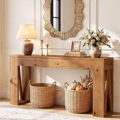 63" Solid Wood Console Table, Narrow Rectangle Entryway Sofa Table for Hallway