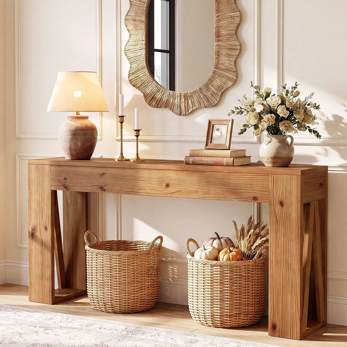 63" Solid Wood Console Table, Narrow Rectangle Entryway Sofa Table for Hallway