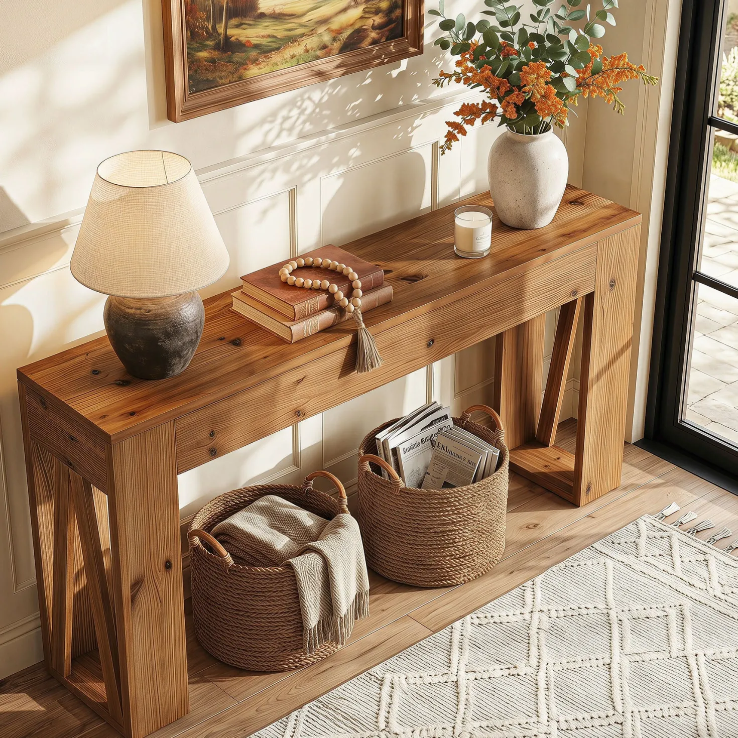63" Solid Wood Console Table, Narrow Rectangle Entryway Sofa Table for Hallway