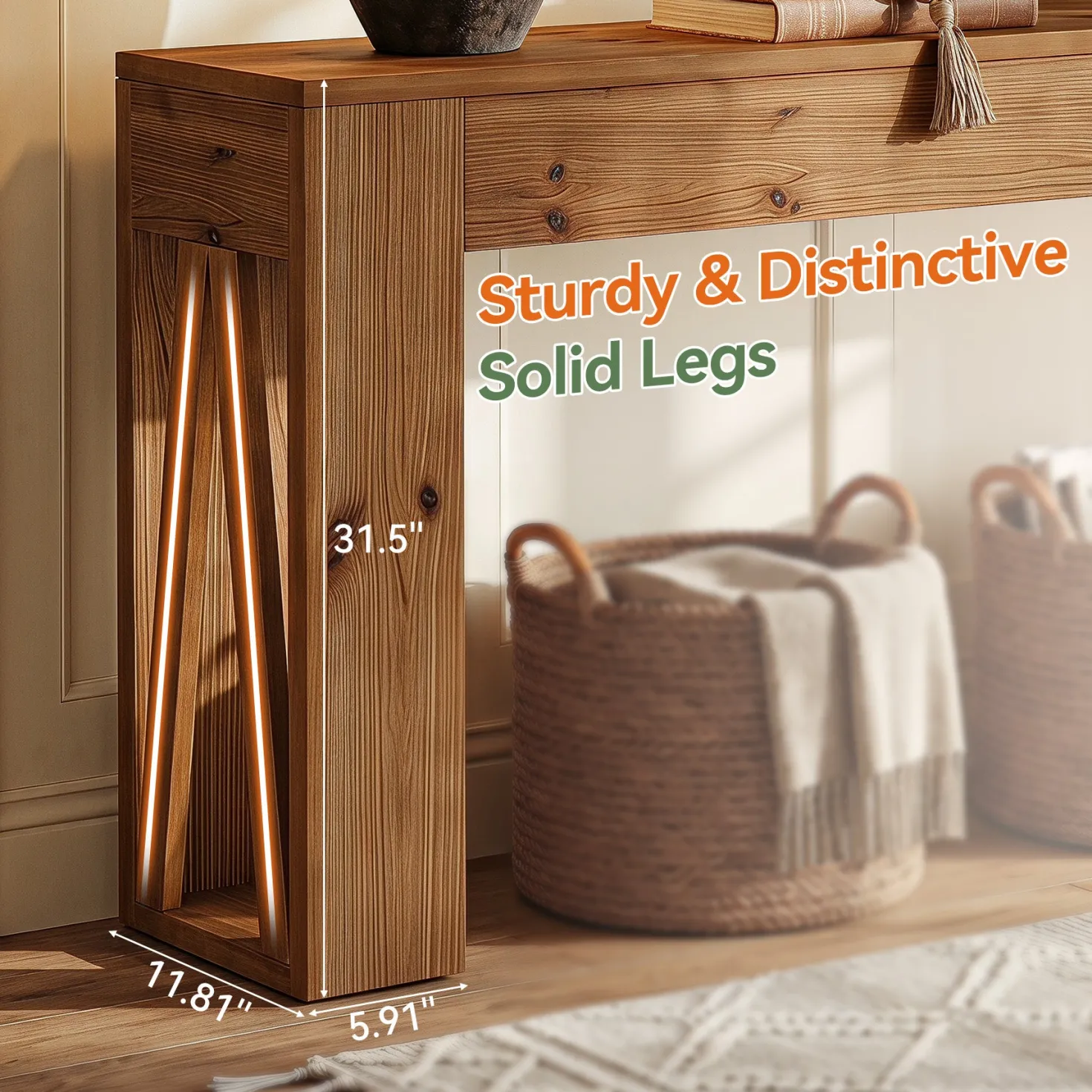 63" Solid Wood Console Table, Narrow Rectangle Entryway Sofa Table for Hallway