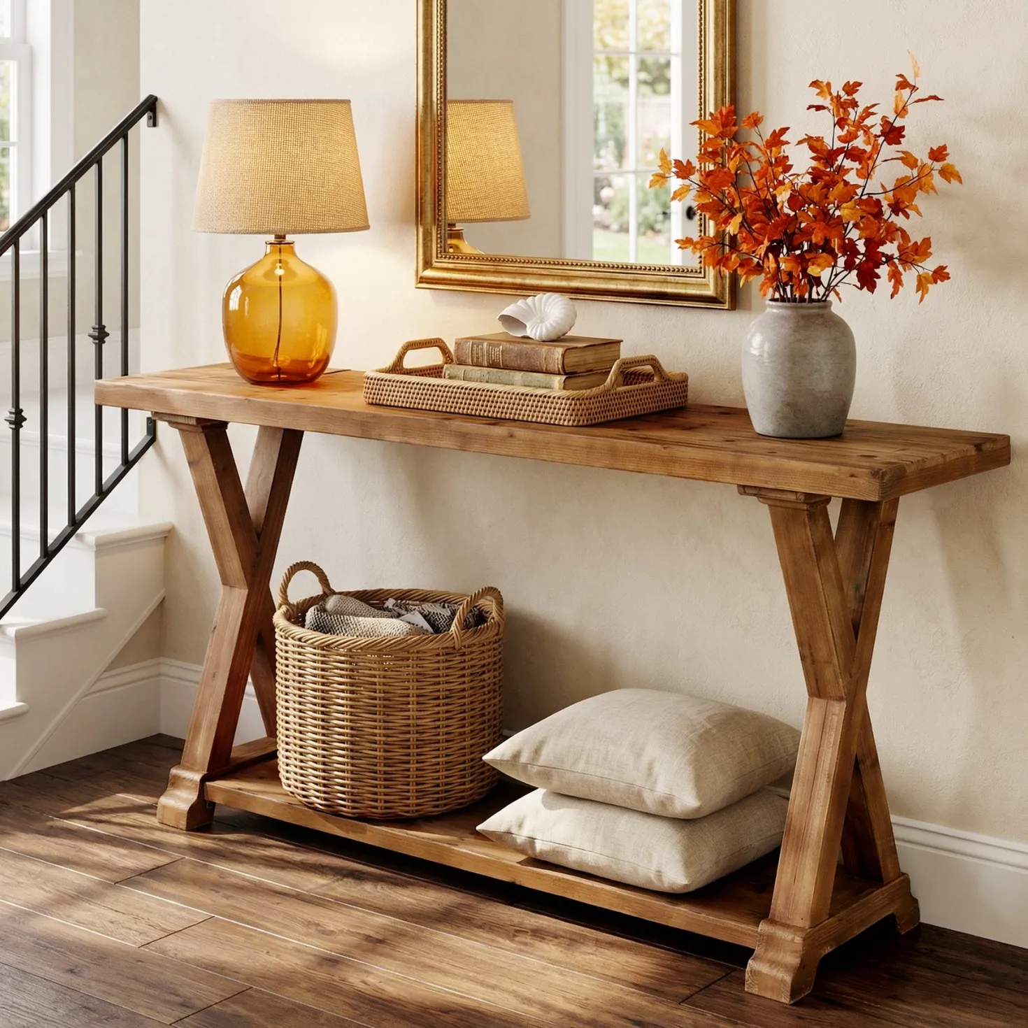 63" Solid Wood Console Table, Narrow Farmhouse Sofa Table with 2-Tier Storage for Entryway, Hallway & Behind Couch