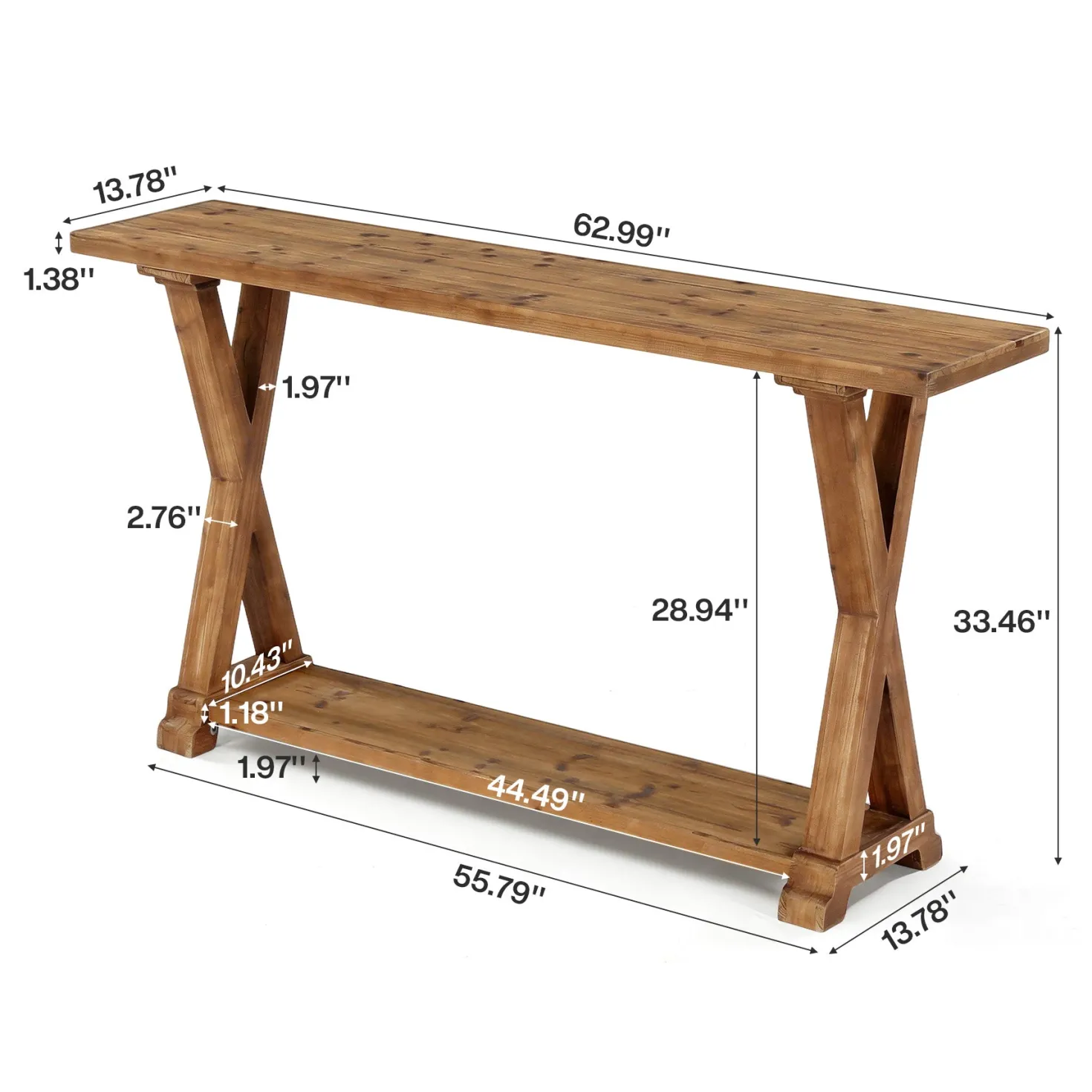 63" Solid Wood Console Table, Narrow Farmhouse Sofa Table with 2-Tier Storage for Entryway, Hallway & Behind Couch