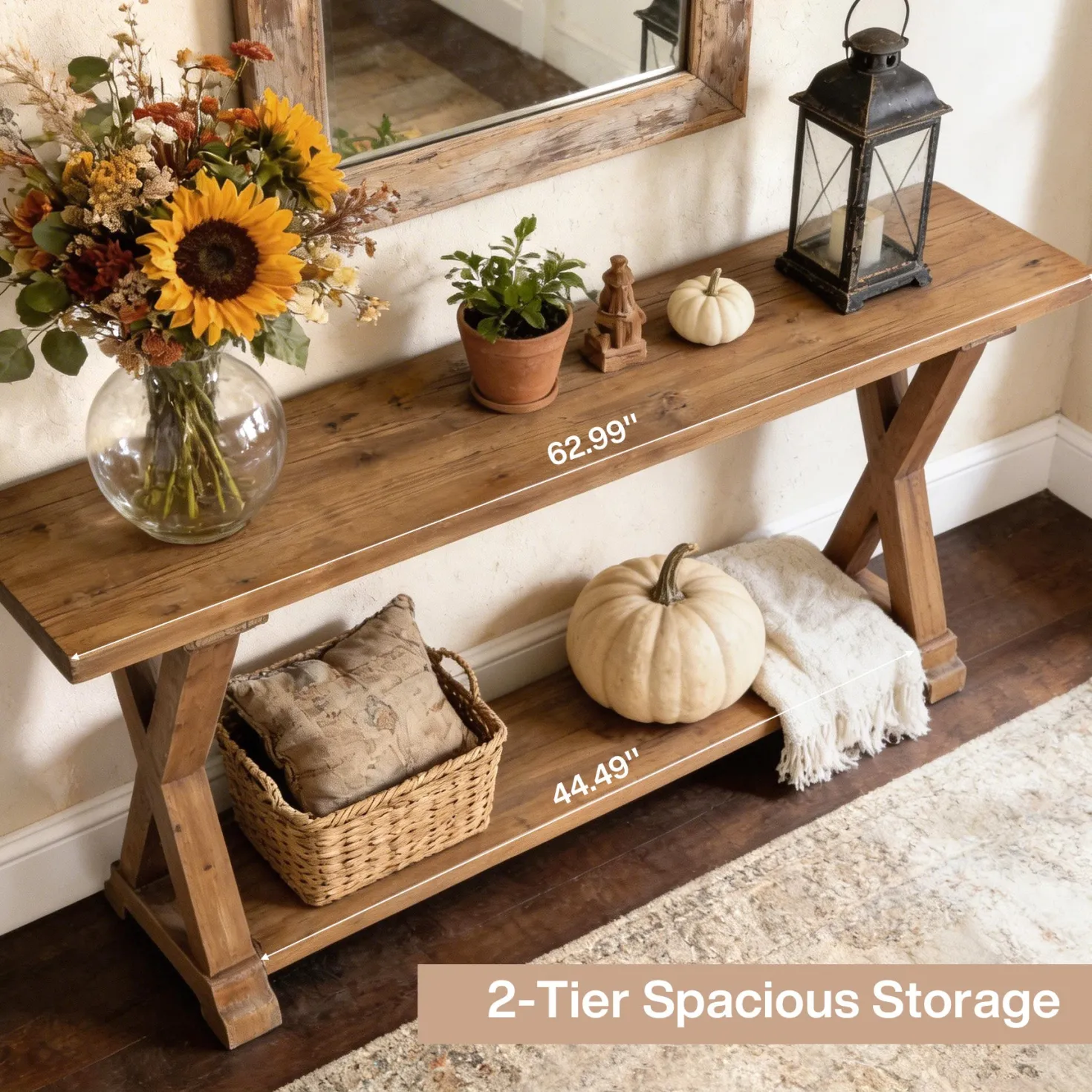 63" Solid Wood Console Table, Narrow Farmhouse Sofa Table with 2-Tier Storage for Entryway, Hallway & Behind Couch