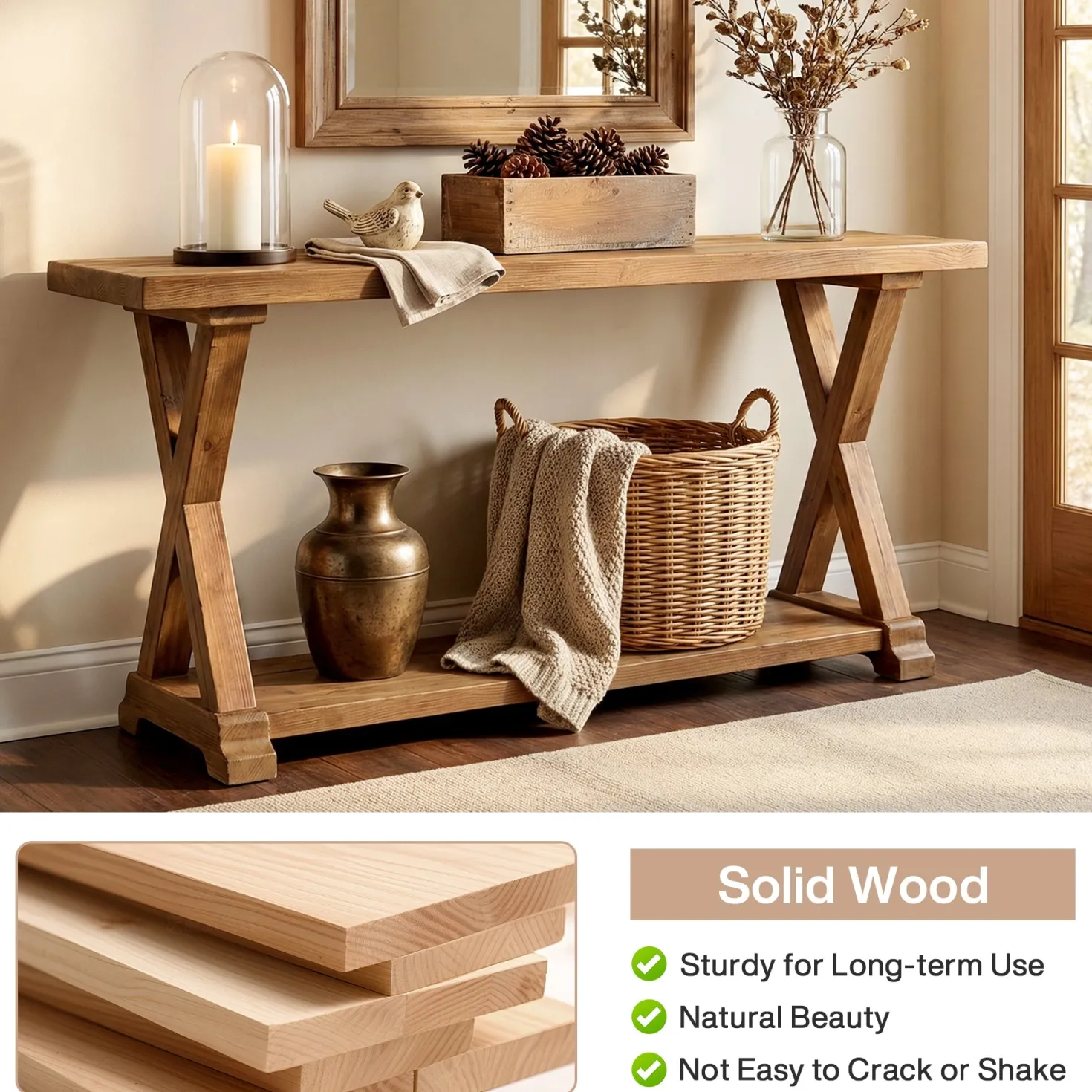 63" Solid Wood Console Table, Narrow Farmhouse Sofa Table with 2-Tier Storage for Entryway, Hallway & Behind Couch