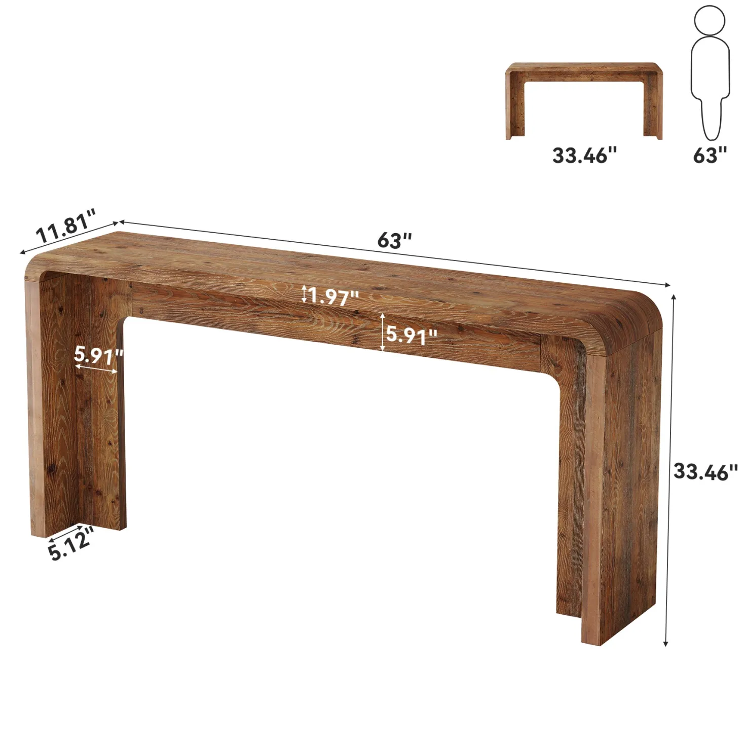 63" Solid Wood Console Table, Narrow Farmhouse Entryway & Sofa Table for Behind Couch or Hallway