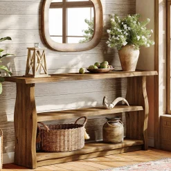63" Solid Wood Console Table, Rustic 3-Tier Entryway Table with Storage Shelves