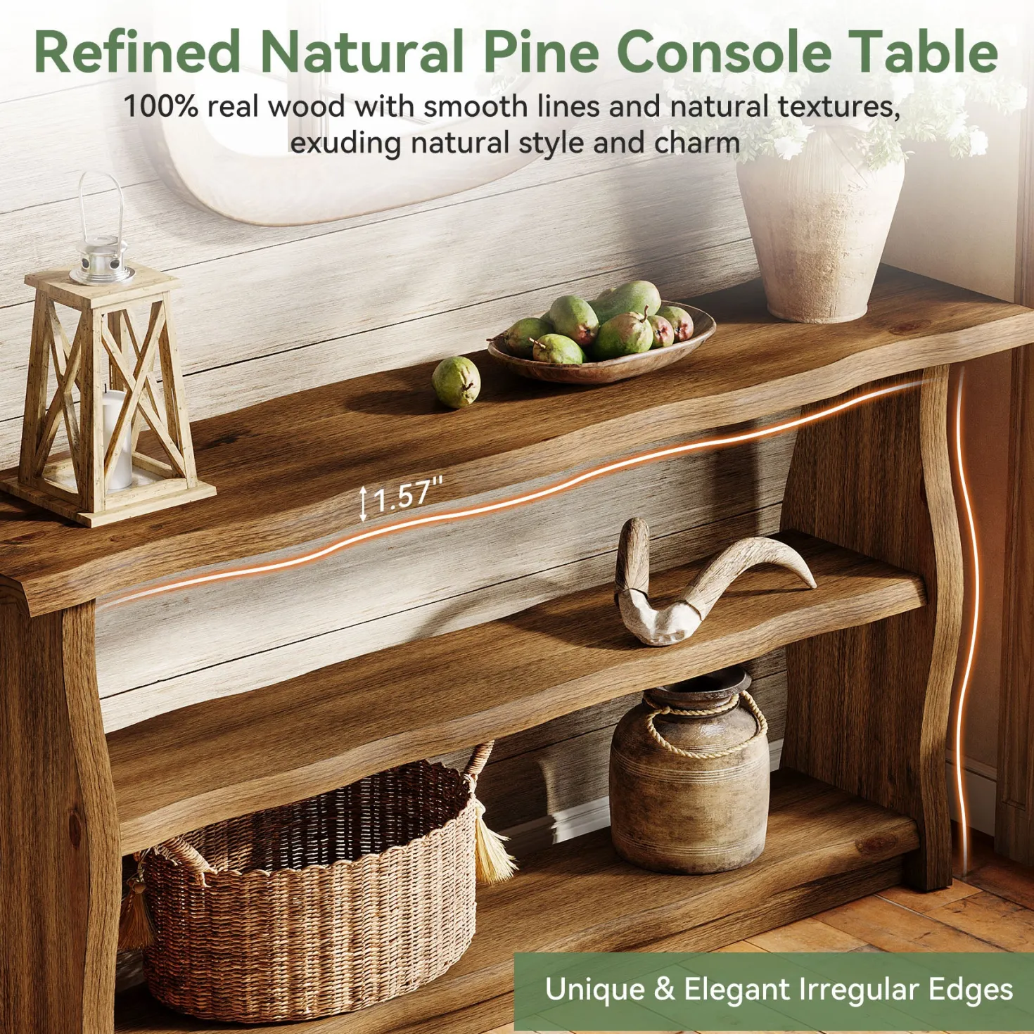 63" Solid Wood Console Table, Rustic 3-Tier Entryway Table with Storage Shelves