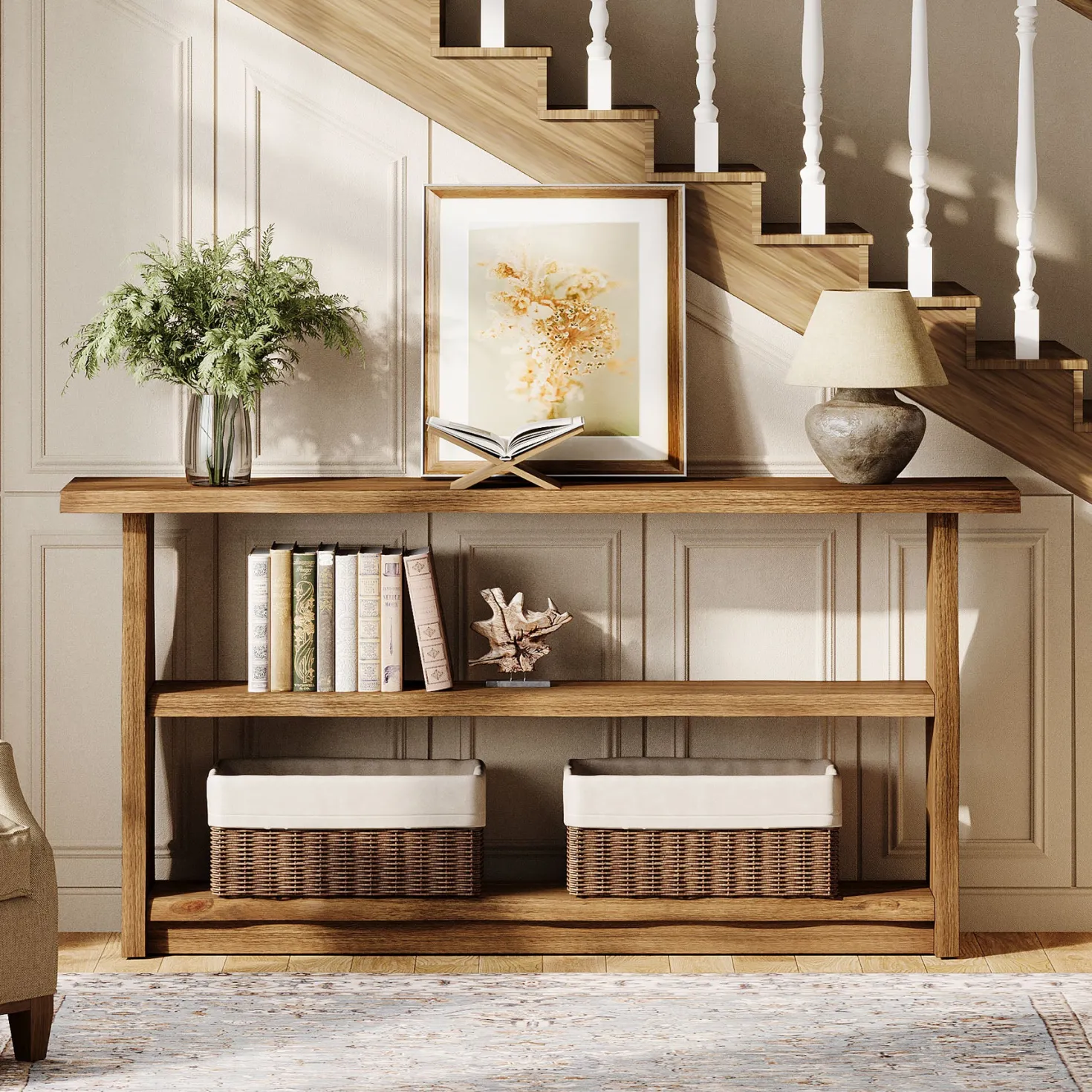 63" Solid Wood Console Table, Rustic 3-Tier Entryway Table with Storage Shelves