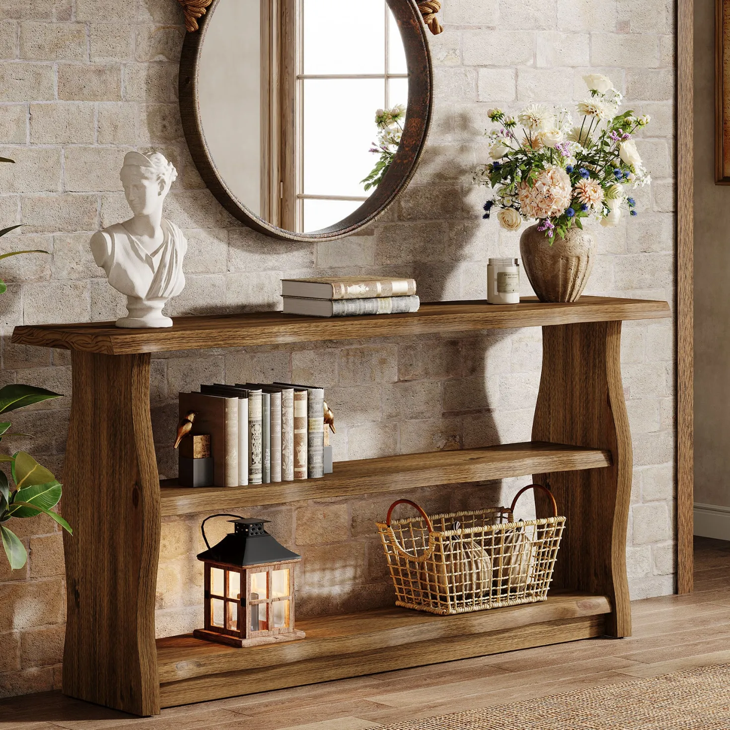 63" Solid Wood Console Table, Rustic 3-Tier Entryway Table with Storage Shelves