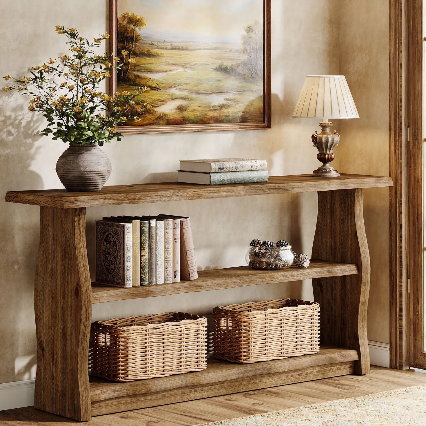 63" Solid Wood Console Table, Rustic 3-Tier Entryway Table with Storage Shelves
