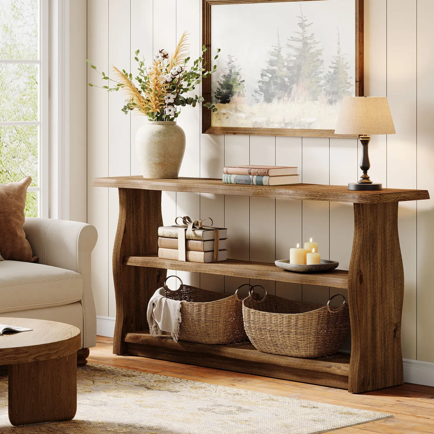 63" Solid Wood Console Table, Rustic 3-Tier Entryway Table with Storage Shelves