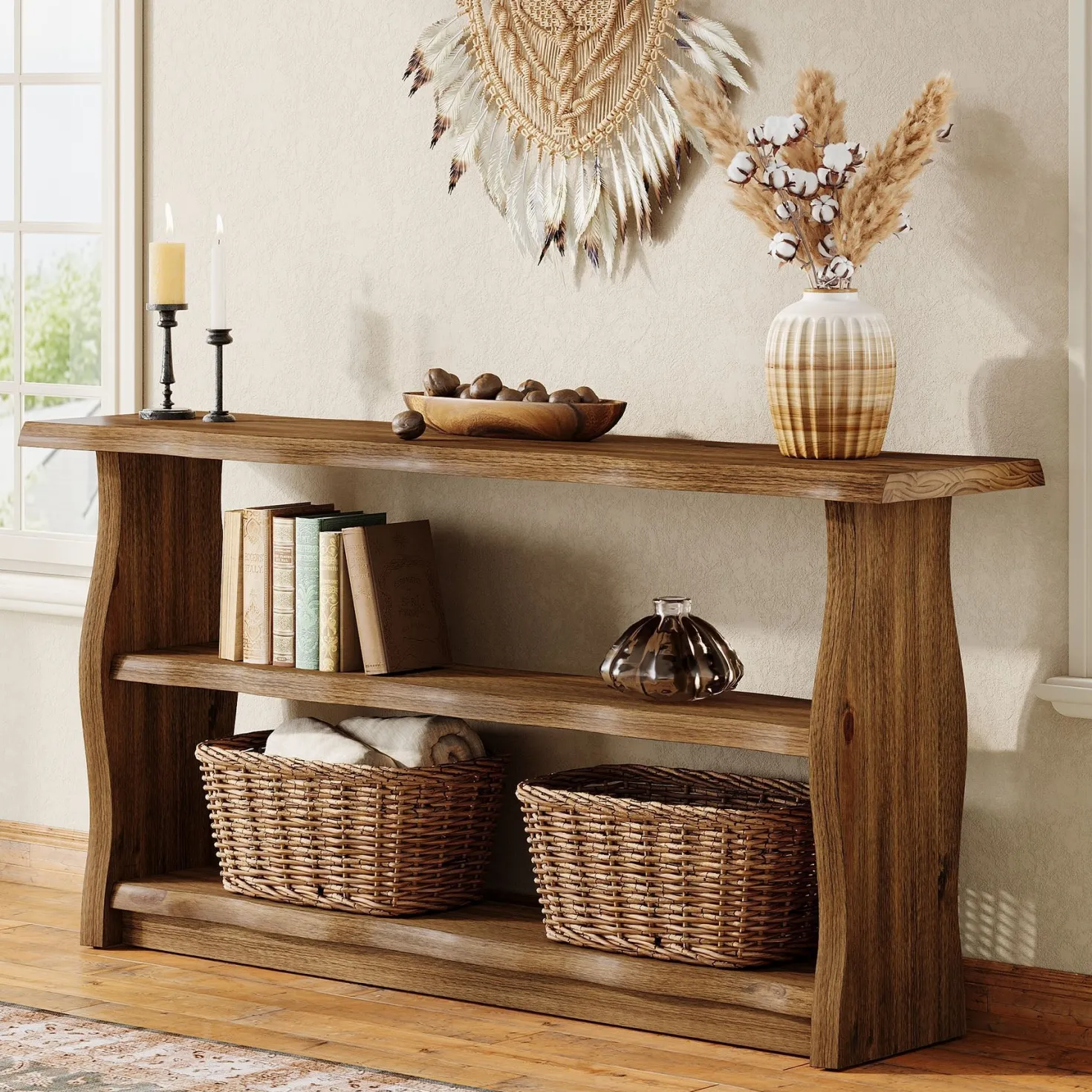 63" Solid Wood Console Table, Rustic 3-Tier Entryway Table with Storage Shelves