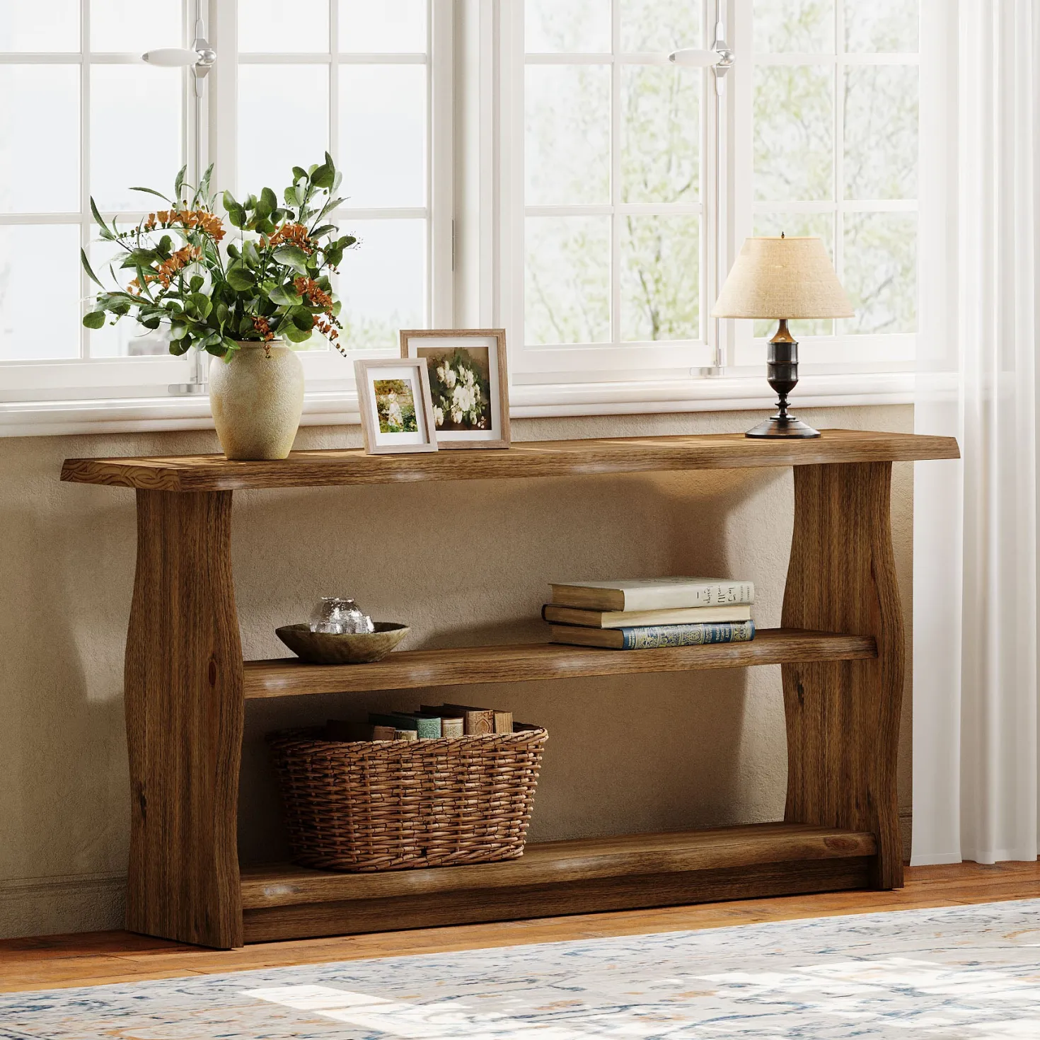 63" Solid Wood Console Table, Rustic 3-Tier Entryway Table with Storage Shelves