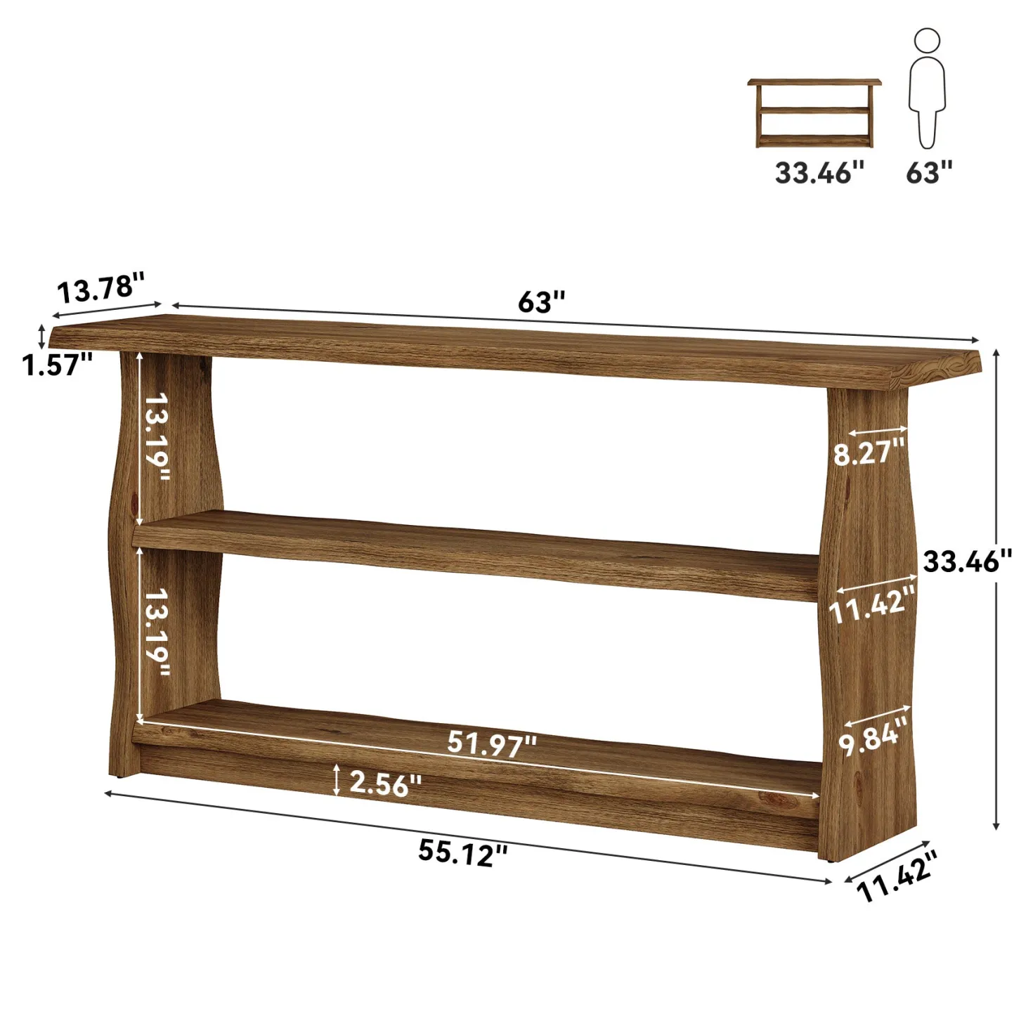 63" Solid Wood Console Table, Rustic 3-Tier Entryway Table with Storage Shelves