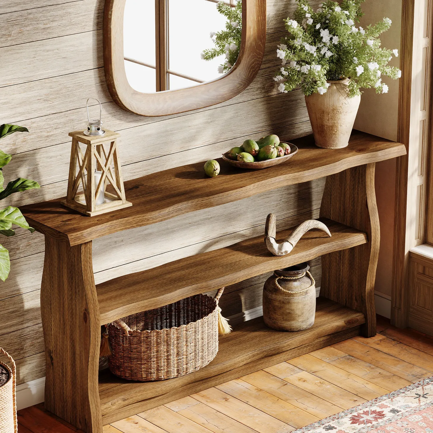 63" Solid Wood Console Table, Rustic 3-Tier Entryway Table with Storage Shelves