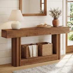 63" Solid Wood Console Table, 2-Tier Farmhouse Sofa Entryway Table with Shelf