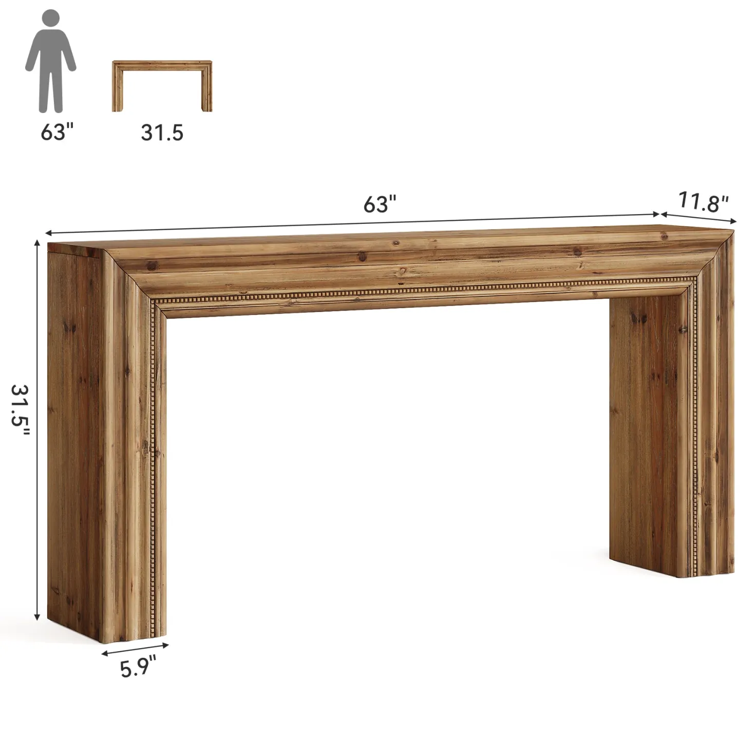 63" Solid Wood Console Table, Narrow Sofa Table Behind Couch with Sculpted Edge