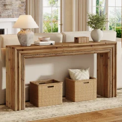 63" Solid Wood Console Table, Narrow Sofa Table Behind Couch with Sculpted Edge