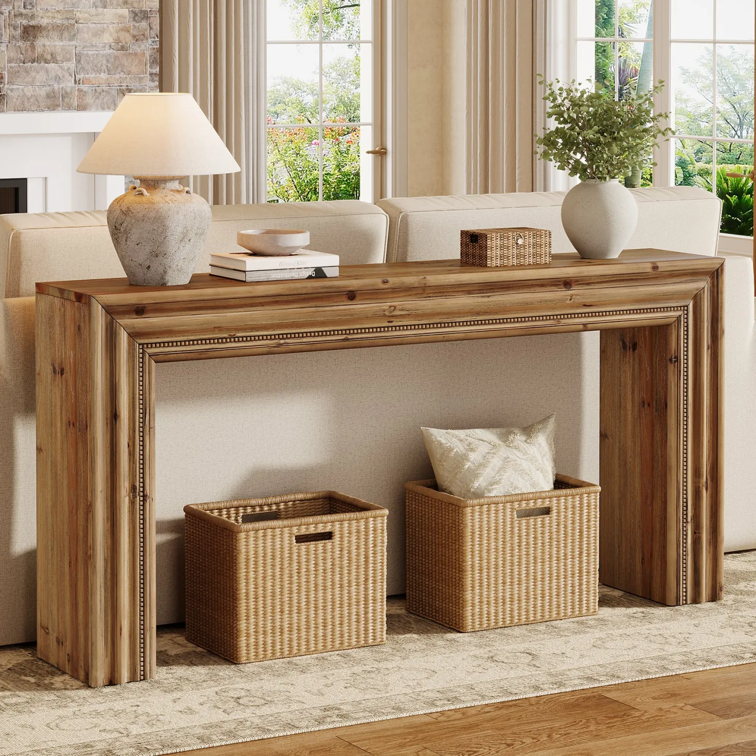 63" Solid Wood Console Table, Narrow Sofa Table Behind Couch with Sculpted Edge