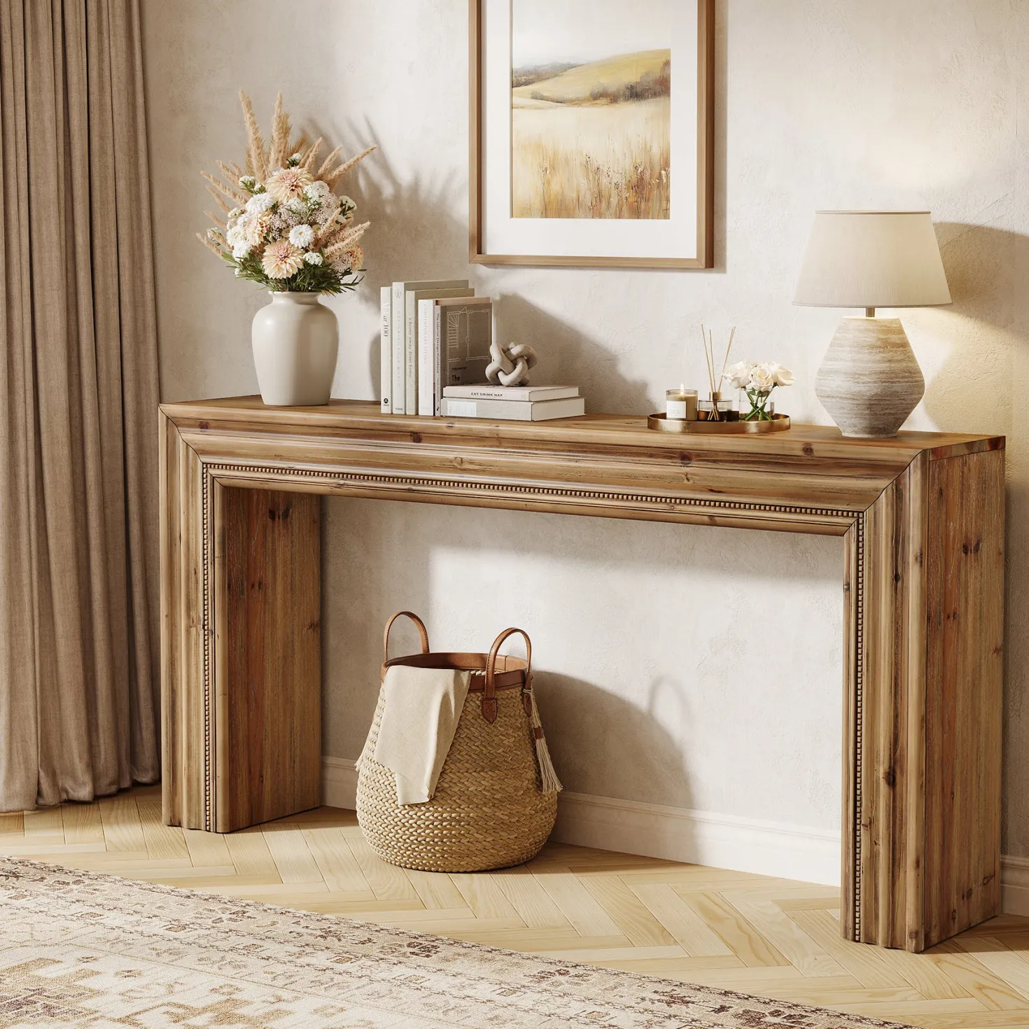 63" Solid Wood Console Table, Narrow Sofa Table Behind Couch with Sculpted Edge