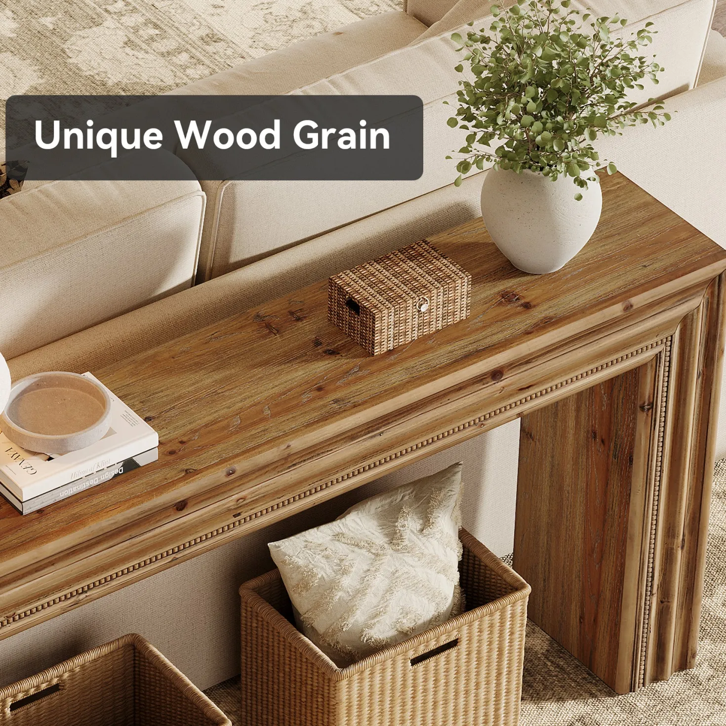 63" Solid Wood Console Table, Narrow Sofa Table Behind Couch with Sculpted Edge