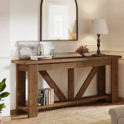 70.9" Solid Wood Console Table, 2-Tier Sofa Table Behind Couch with Storage