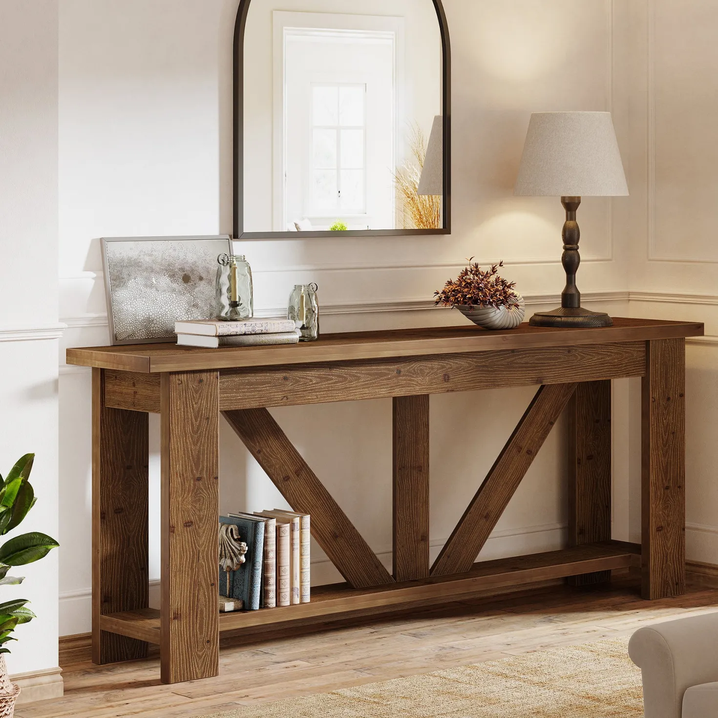 70.9" Solid Wood Console Table, 2-Tier Sofa Table Behind Couch with Storage