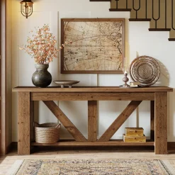 70.9" Solid Wood Console Table, 2-Tier Sofa Table Behind Couch with Storage