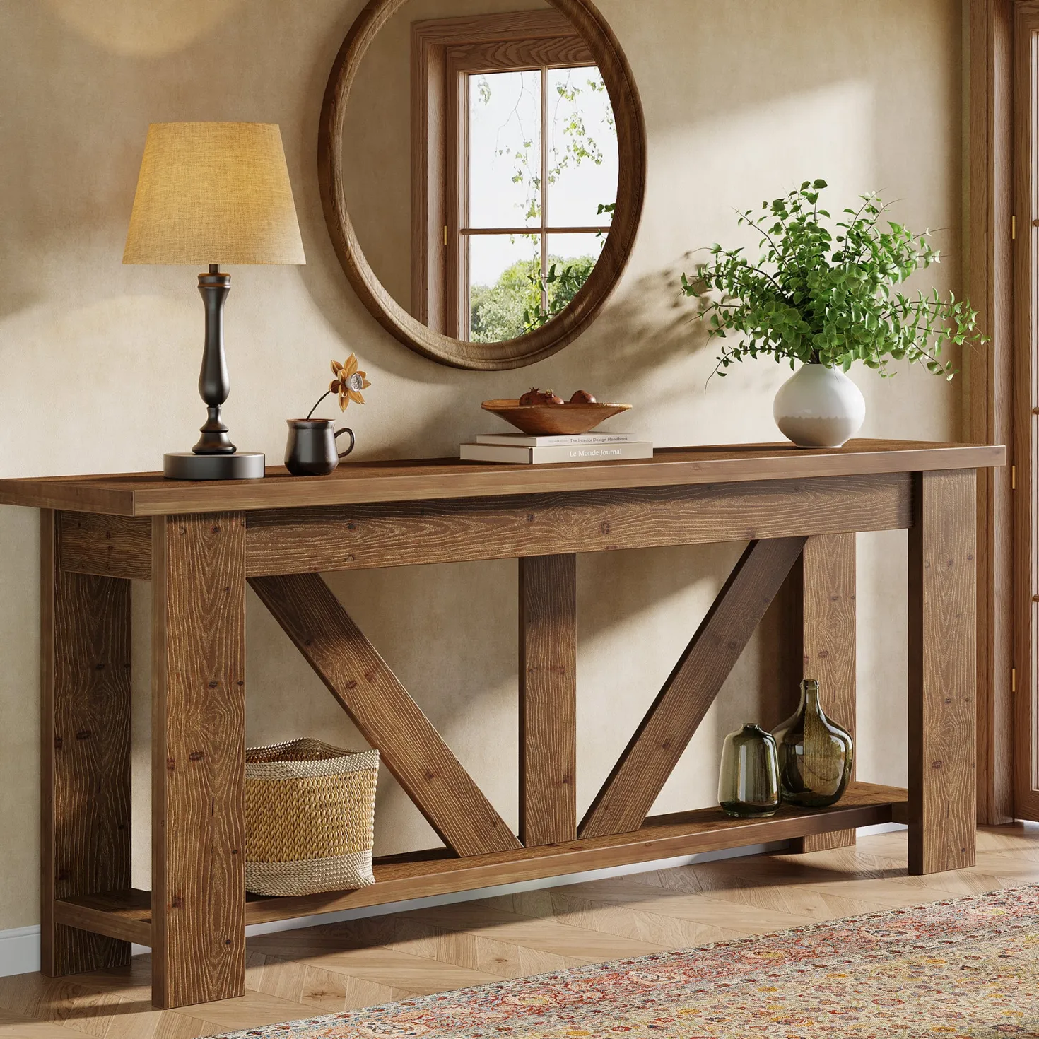 70.9" Solid Wood Console Table, 2-Tier Sofa Table Behind Couch with Storage