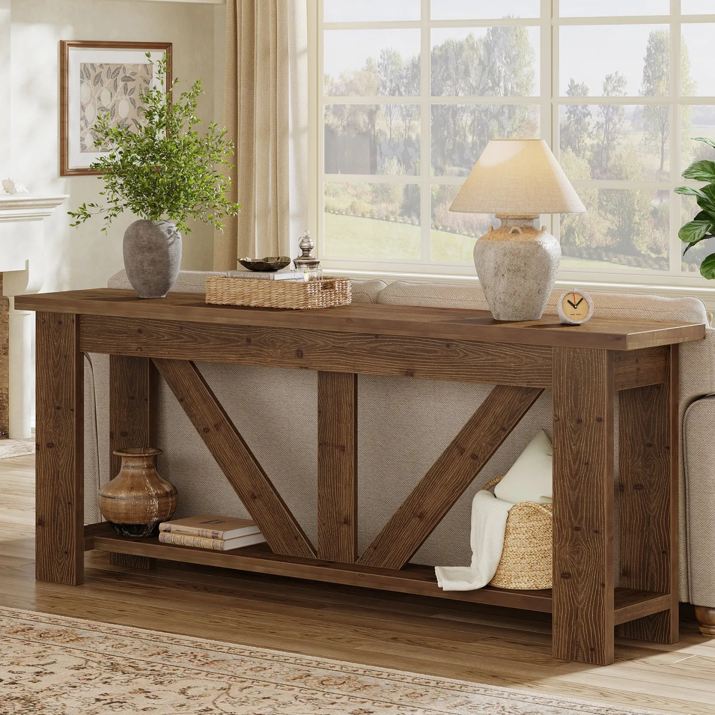 70.9" Solid Wood Console Table, 2-Tier Sofa Table Behind Couch with Storage