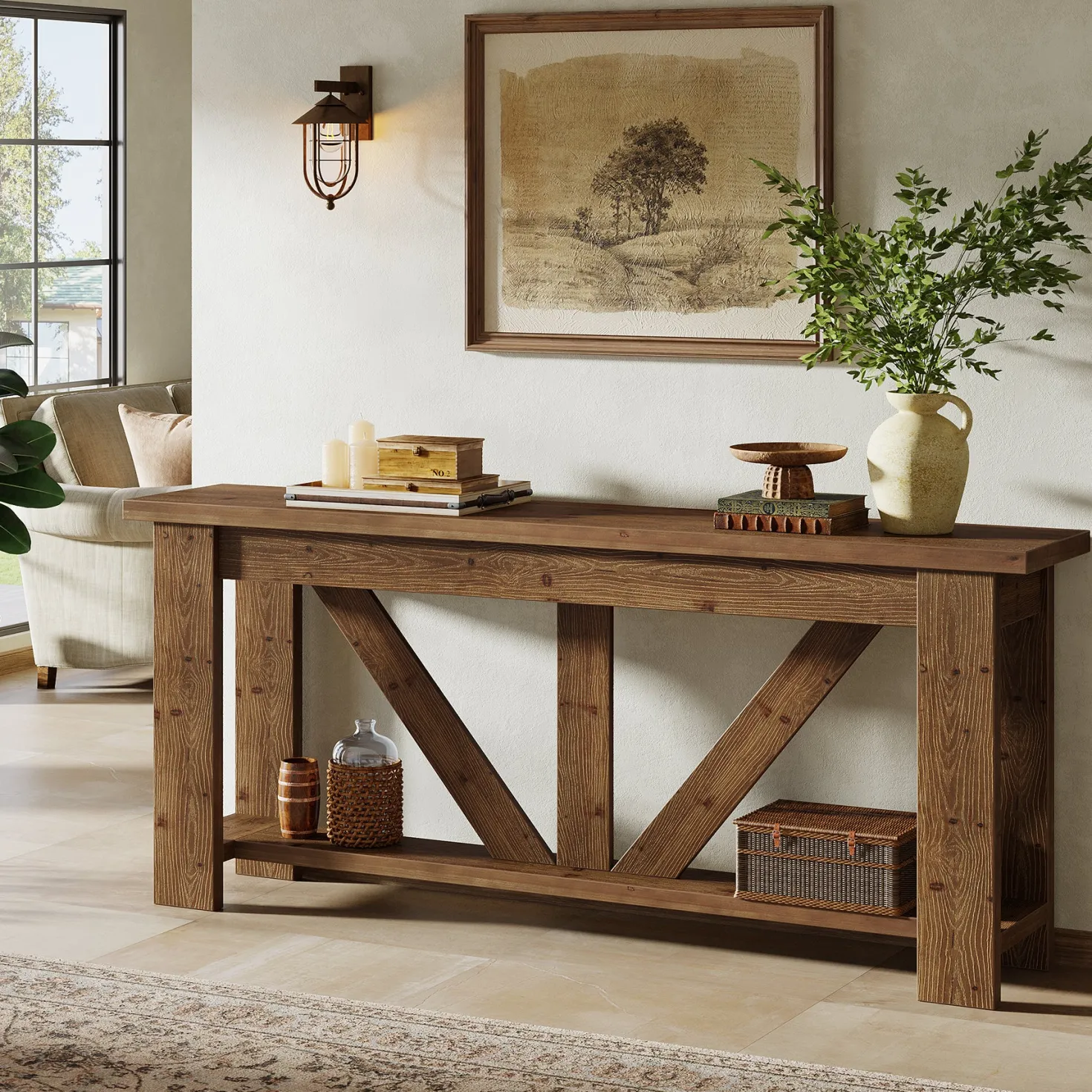 70.9" Solid Wood Console Table, 2-Tier Sofa Table Behind Couch with Storage