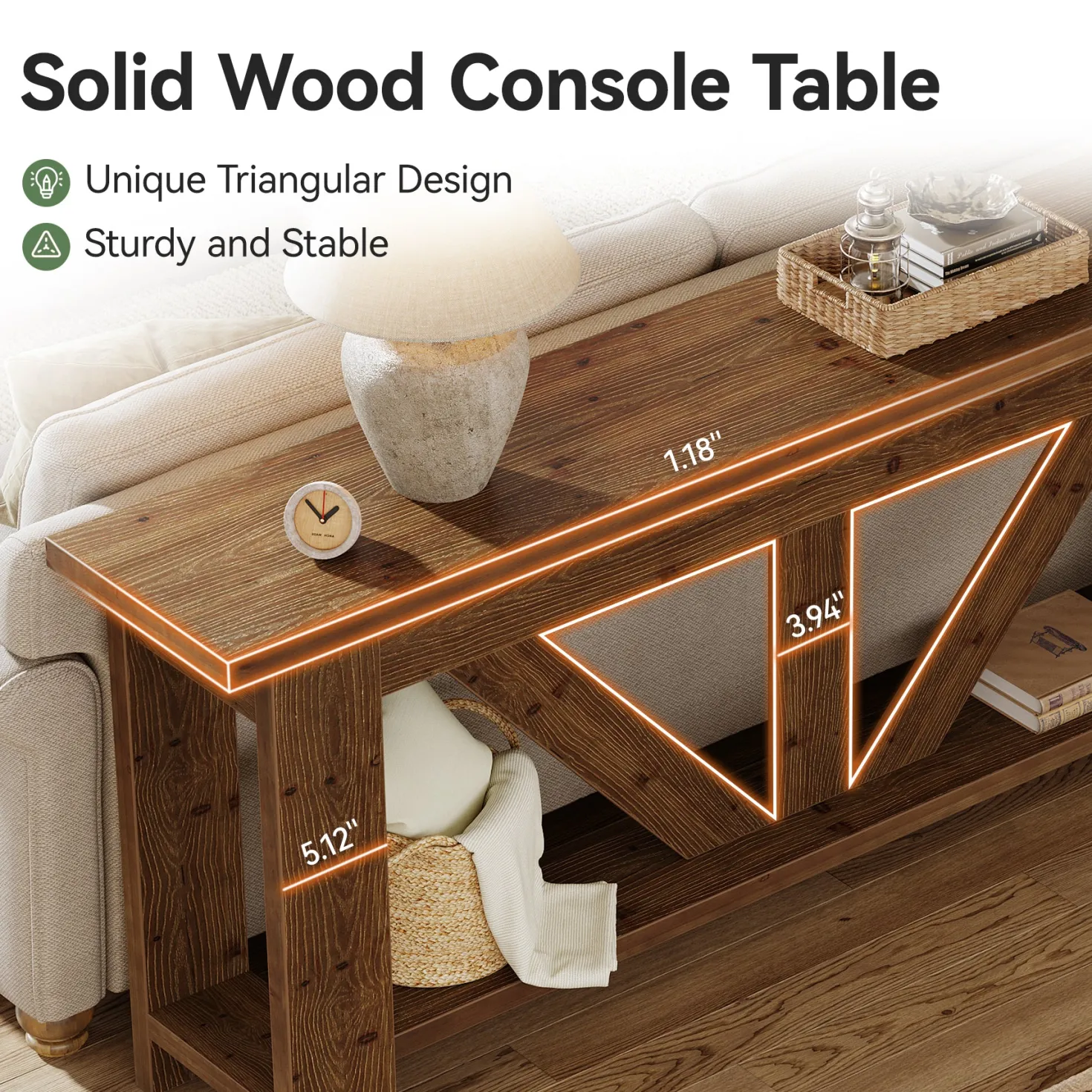 70.9" Solid Wood Console Table, 2-Tier Sofa Table Behind Couch with Storage